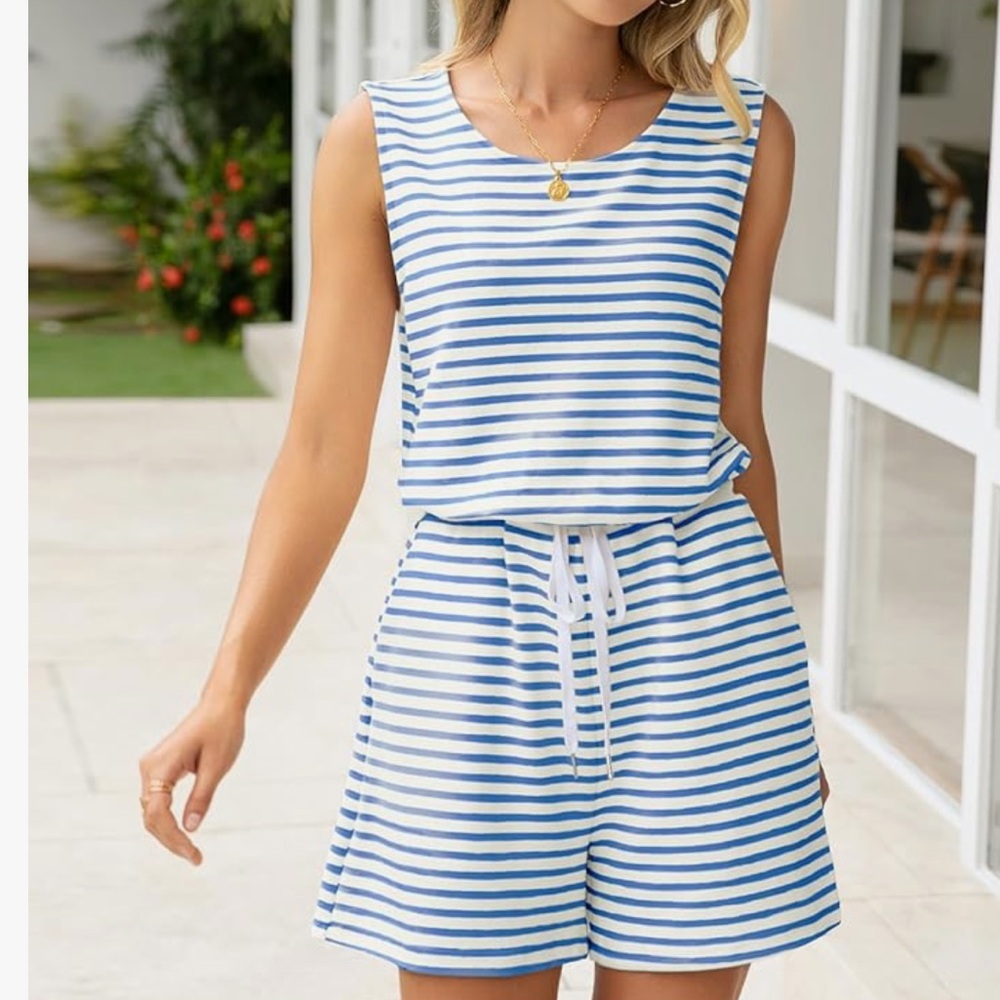 NWT BLUE AND WHITE STRIPED ROMPER WITH DRAWSTRING WAIST